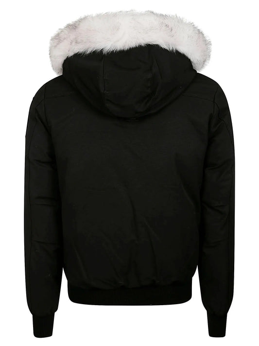 Men's black bomber jacket from Dawens Store with front zipper and ribbed cuffs, styled for casual wear.