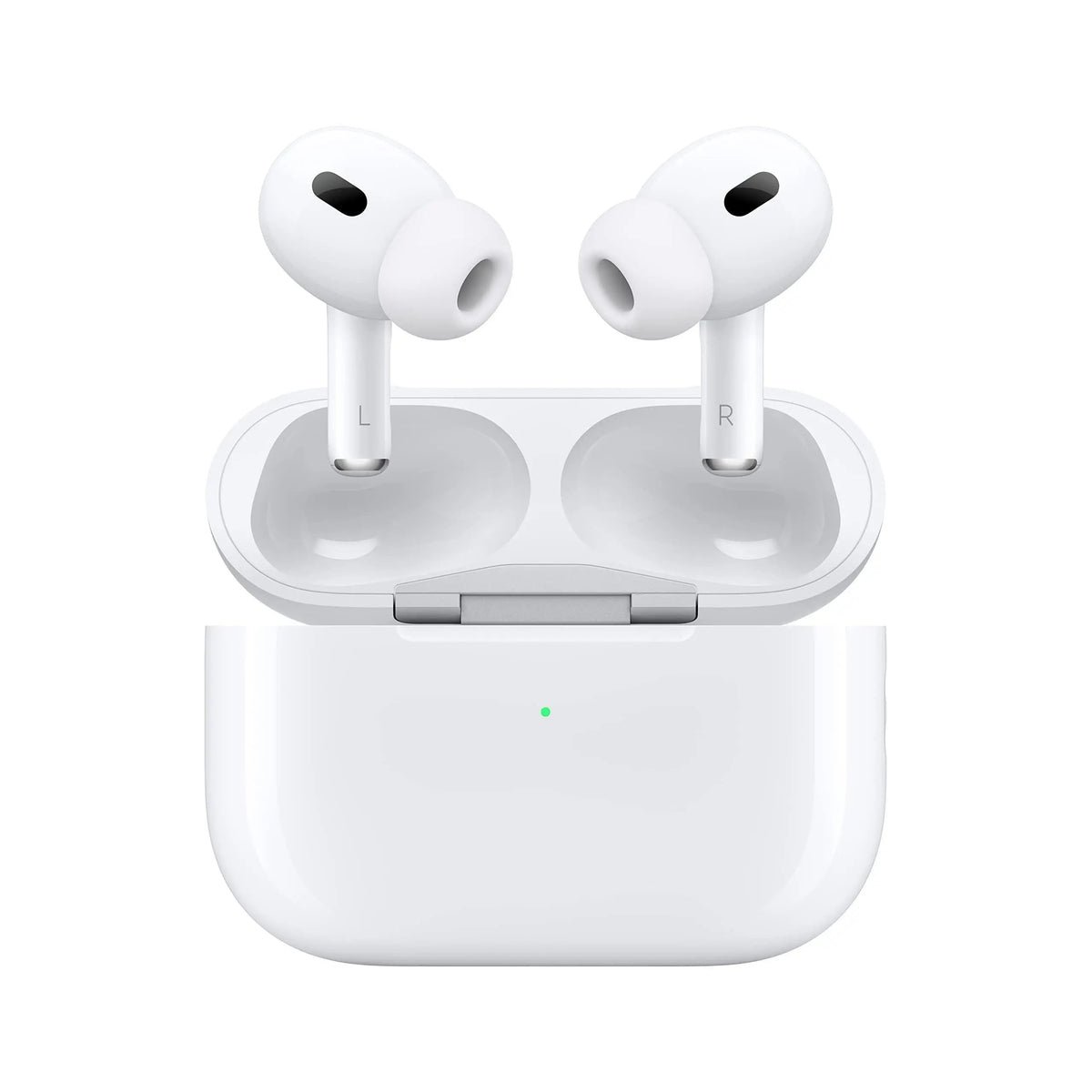 Dawens Store AirPods Pro 2 wireless earbuds with charging case, sleek white design, and silicone ear tips on a plain background.