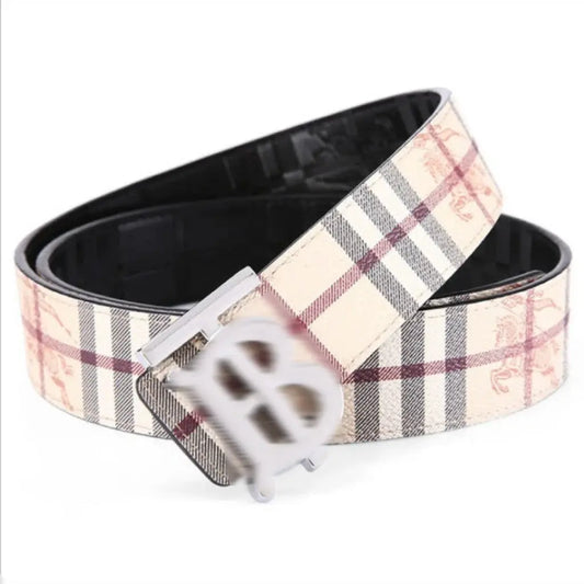 Men's belt by Burberry, stylish leather belt with buckle, shown in a close-up image.