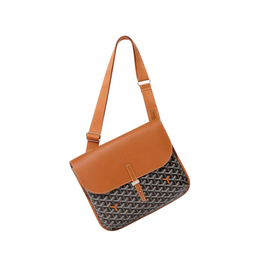 Men's brown Coursier Messenger Bag by Dawens Store, showing the front view with adjustable shoulder strap and multiple compartments.