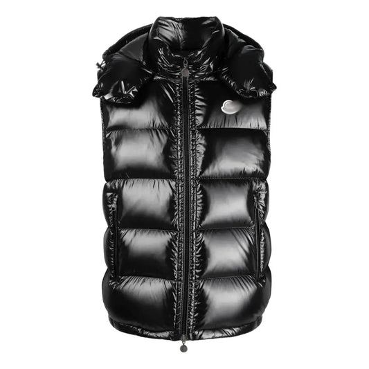 Men's black detachable gilet jacket by M*ncler, featuring a sleek design and front zipper detail.