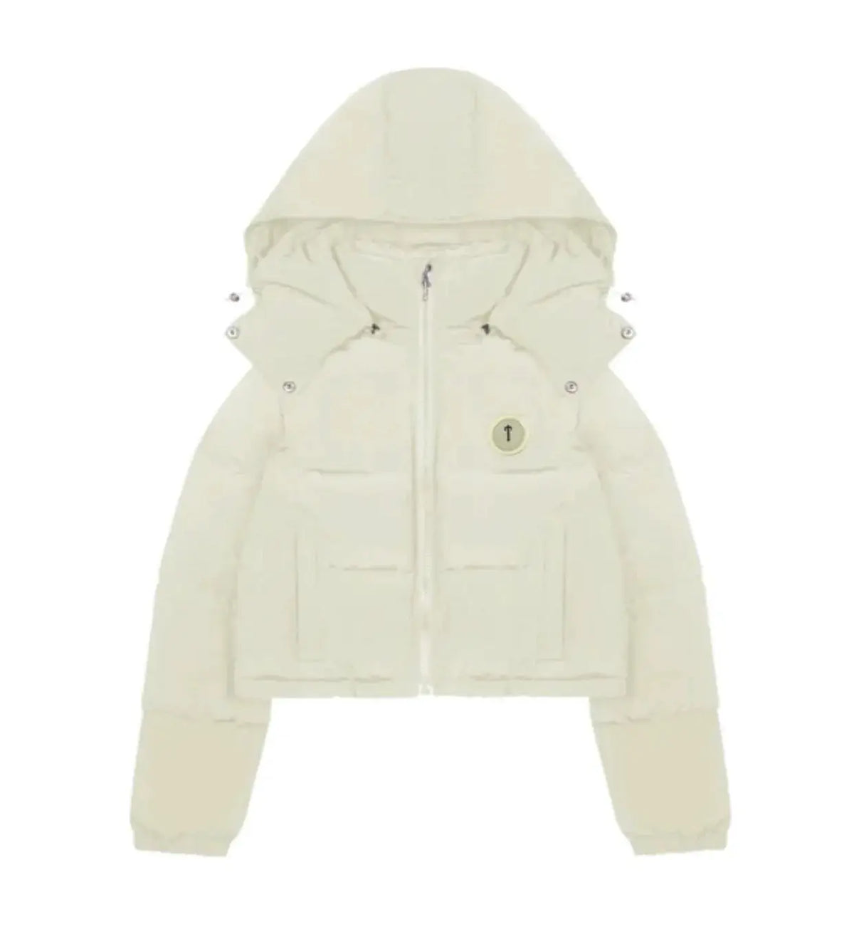 Women’s Irongate Hooded Puffer Jacket in cream by Trpstr, featuring a quilted design and cozy hood for cold weather.