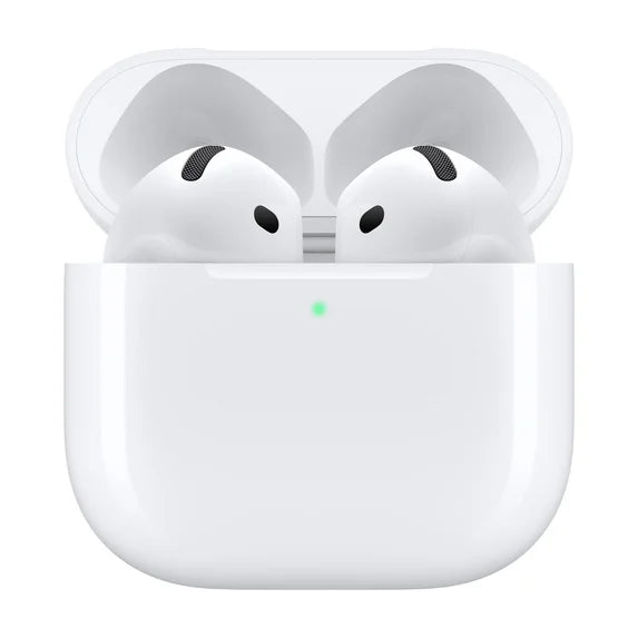 White wireless earbuds in an open charging case on a clean white background, with a small green status light illuminated on the front.