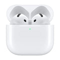 White wireless earbuds in an open charging case on a clean white background, with a small green status light illuminated on the front.