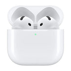 White wireless earbuds in an open charging case on a clean white background, with a small green status light illuminated on the front.