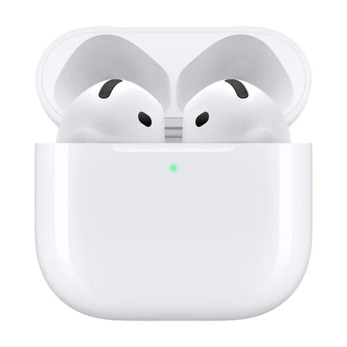 White wireless earbuds in an open charging case on a clean white background, with a small green status light illuminated on the front.